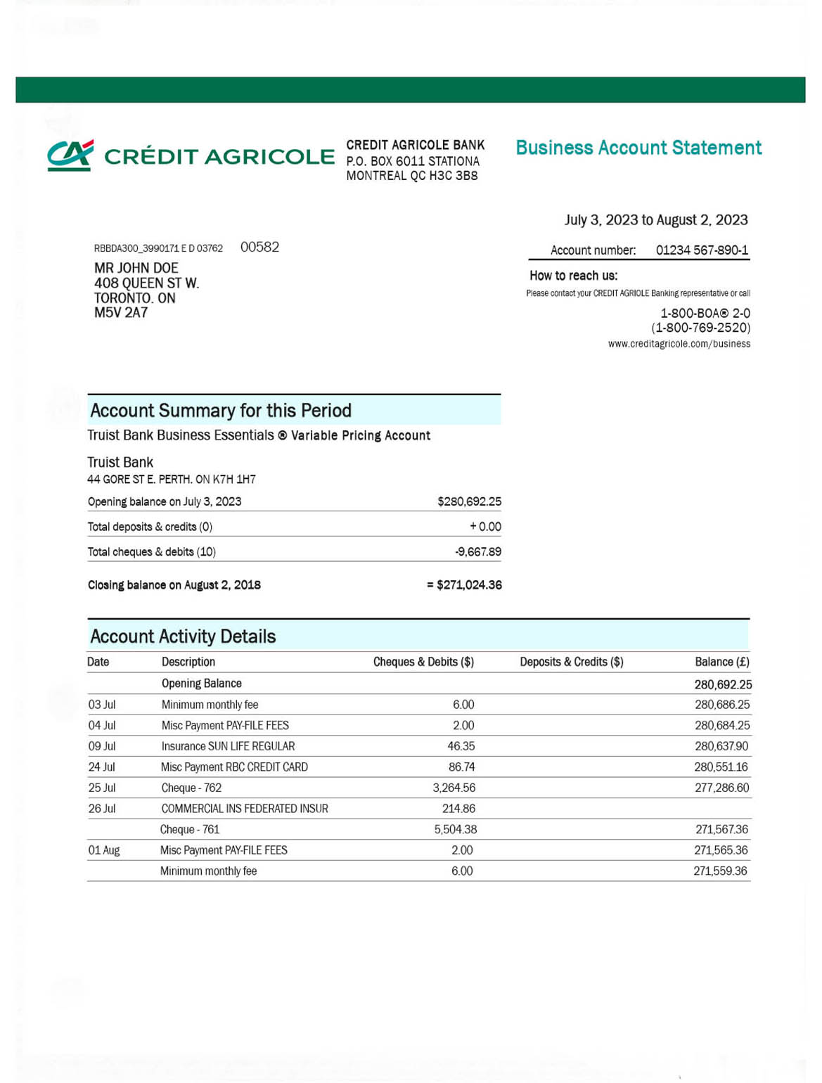 Credit Agricole Bank enterprise checking account statement Word and PDF template download template